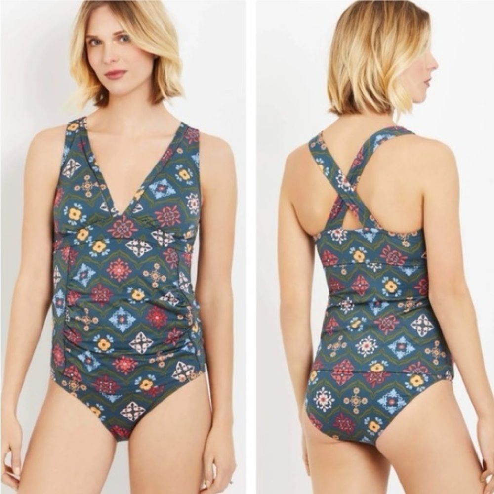 A Pea in the Pod Teal Mosaic Tile Print Tankini Swim Suit Size XS